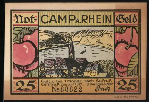 Notgeld Camp am Rhein 1921, 25 Pfennig, Landschaftsansicht und Dampfschiff auf dem Rhein
