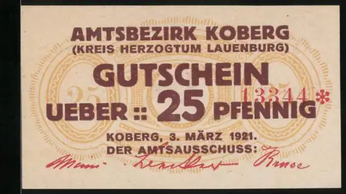 Notgeld Koberg 1921, 25 Pfennig, Schriftzug mit dekorativem Hintergrundmuster