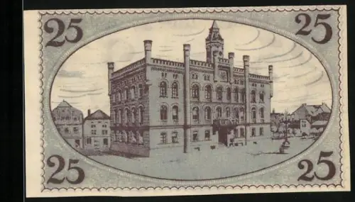Notgeld Fraustadt, 25 Pfennig, altes Gebäude und Stadtsiegel mit Löwen und Anker