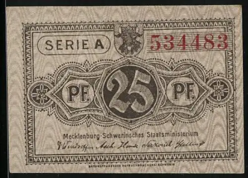 Notgeld Schwerin / Mecklenburg 1922, 25 Pfennig, mit Wappen und dekorativem Rahmen
