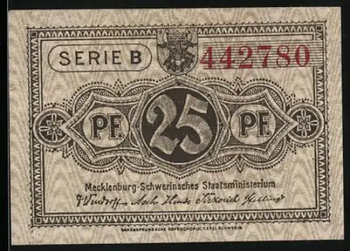 Notgeld Schwerin / Mecklenburg 1922, 25 Pfennig, Text und Wappen des Staatsministeriums