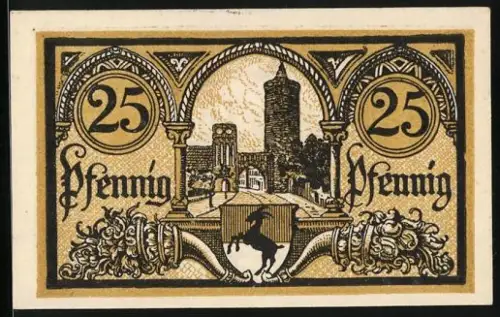 Notgeld Jüterbog 1920, 25 Pfennig, Stadtansicht mit Kirche und Wappen mit Pferd