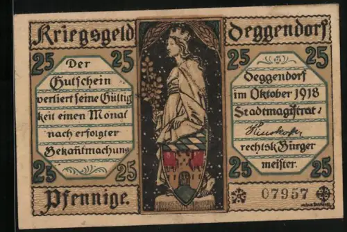 Notgeld Deggendorf 1918, 25 Pfennig, Burgfräulein und Kirche mit Blumenkranzmotiv