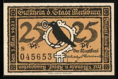 Notgeld Merseburg 1921, 25 Pf., Rabe und Bischof Thilo von Trotha mit Stab und Buch