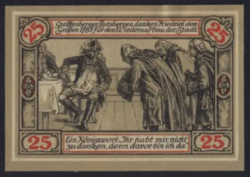 Notgeld Greiffenberg 1920, 25 Pfennig, Friedrich der Grosse, Stadtrat dankt für Wiederaufbau, Stadtwappen