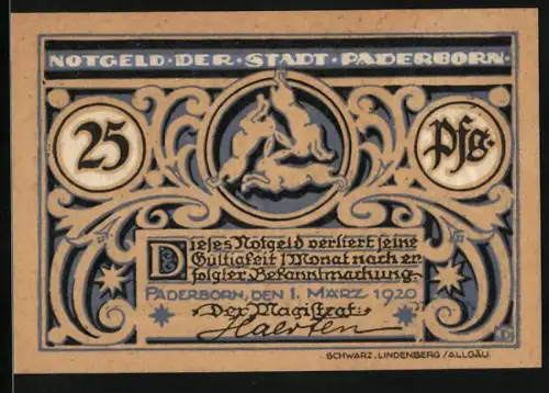 Notgeld Paderborn 1920, 25 Pfennig, Wappen Springende Hasen und Bischofsmotiv