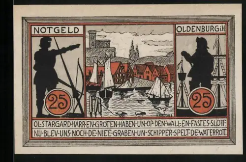 Notgeld Oldenburg 1921, 25 Pfennig, Schiffe und Silhouetten von Männern am Hafen
