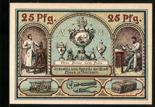 Notgeld Plau 1921, 25 Pfennig, Handwerker und Wappen mit Adler und Löwe