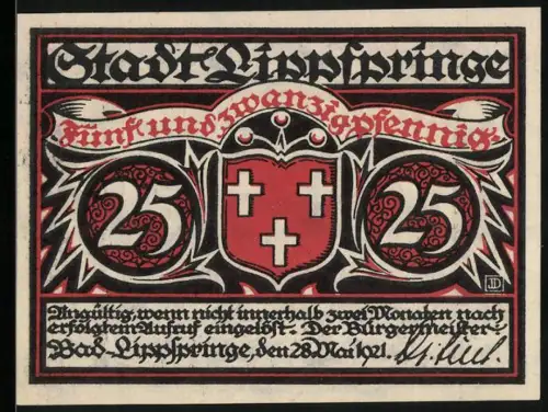Notgeld Bad Lippspringe 1921, 25 Pfennig, Wappen und Bauer mit Pferd am Waldtheater