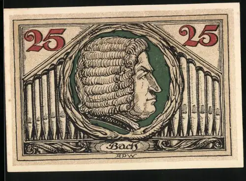 Notgeld Arnstadt 1921, 25 Pfennig, Porträt von Bach und Adlerwappen