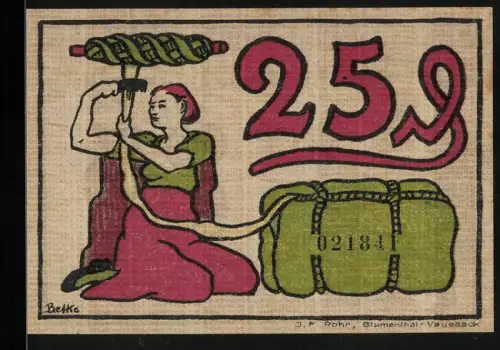 Notgeld Blumenthal 1921, 25 Pfennig, Seilmacherin und Werft-Arbeiter mit Kran im Hintergrund