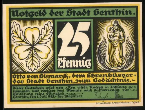 Notgeld Genthin 1921, 25 Pfennig, Kleeblatt und Mutter mit Kind, Porträt mit Spruch Wenn wir schwimmen lernen wollen
