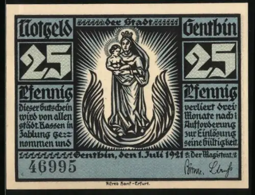 Notgeld Genthin 1921, 25 Pfennig, Madonna mit Kind und Flusslandschaft