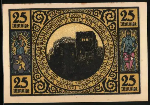 Notgeld Lobeda 1921, 25 Pfennig, Burgruine und Dorfkirche im Sonnenlicht