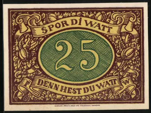 Notgeld Schneverdingen 1921, 25 Pfennig, Handwerker bei der Arbeit, dekorative Umrandung mit Spruchbändern