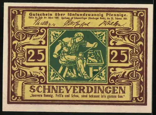 Notgeld Schneverdingen 1921, 25 Pfennig, Handwerker bei der Arbeit, dekorative Umrandung mit Spruchbändern