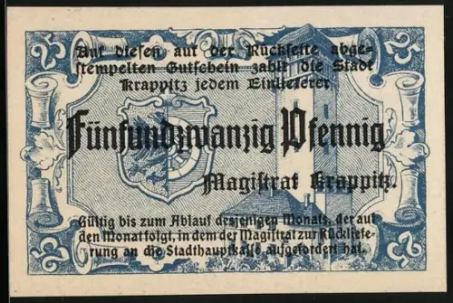 Notgeld Krappitz / Oberschlesien, 25 Pfennig, Stadtwappen und Text über lokale Infrastruktur