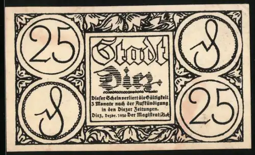 Notgeld Diez 1920, 25 Pfennig, Stadtansicht mit Landschaft und lateinischer Inschrift
