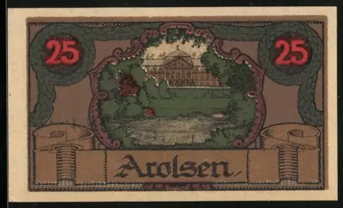 Notgeld Arolsen 1921, 25 Pfennig, Schlossansicht und Wappen mit Stern und A