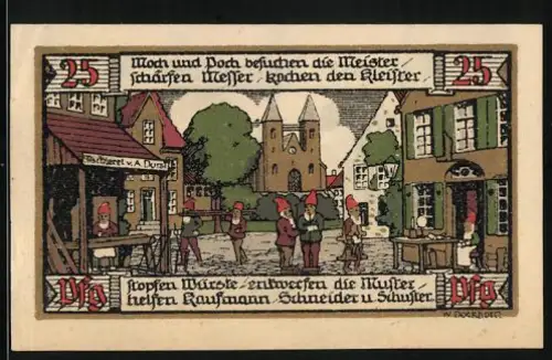 Notgeld Ballenstedt 1921, 25 Pfennig, Markt mit Handwerkern und Burgansicht mit Bäumen