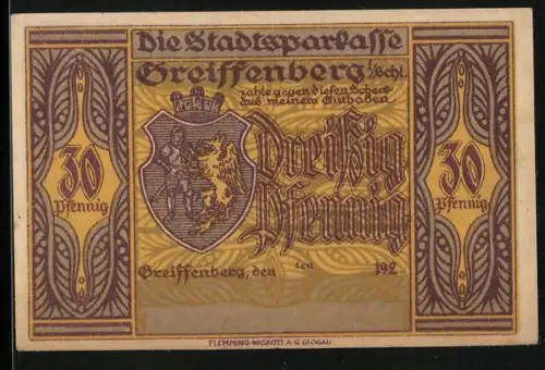 Notgeld Greiffenberg 1921, 30 Pfennig, mit Wappen und Rübezahl als Berggeist