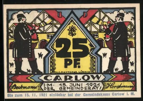 Notgeld Carlow 1921, 25 Pfennig, Männer mit Gänsen und Obelisk, Adler und Kreuz