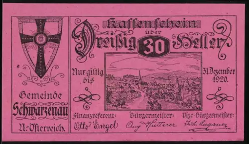 Notgeld Schwarzenau 1920, 30 Heller, Stadtansicht und Wappen mit Kreuz