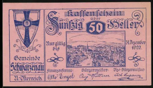 Notgeld Schwarzenau 1920, 50 Heller, Stadtansicht und Wappen