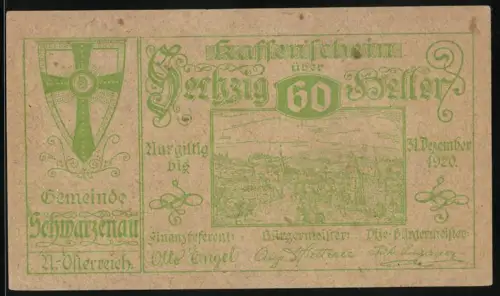 Notgeld Schwarzenau 1920, 60 Heller, Stadtansicht und Wappen