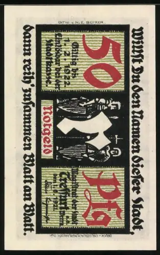 Notgeld Treffurt 1922, 50 Pfennig, Burgruine Normannstein und Wanderer, Figuren mit Schwert