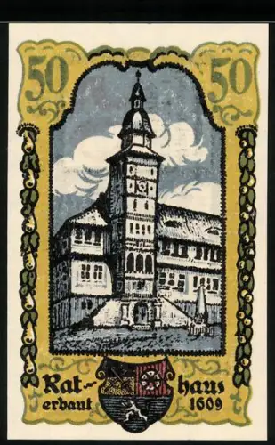 Notgeld Treffurt 1922, 50 Pfennig, Rathaus 1609 mit Wappen