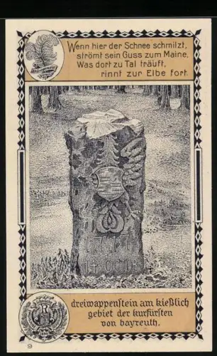 Notgeld Lehesten 1921, 50 Pfennig, Landschaftspanorama und Dreiwappenstein mit Inschrift