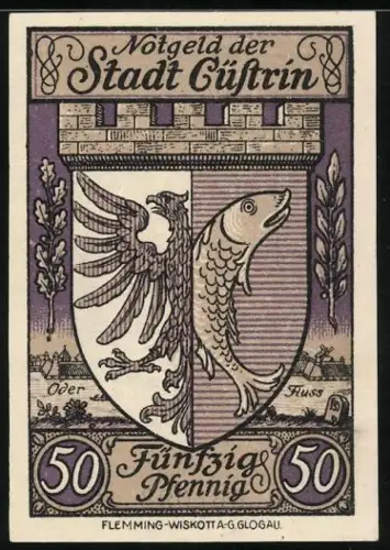 Notgeld Cüstrin 1921, 50 Pfennig, Stadtwappen mit Adler und Fisch, Schloss im Wald