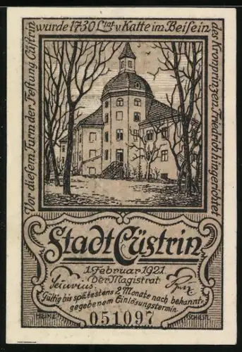 Notgeld Cüstrin 1921, 50 Pfennig, Stadtwappen mit Adler und Fisch, Schloss im Wald