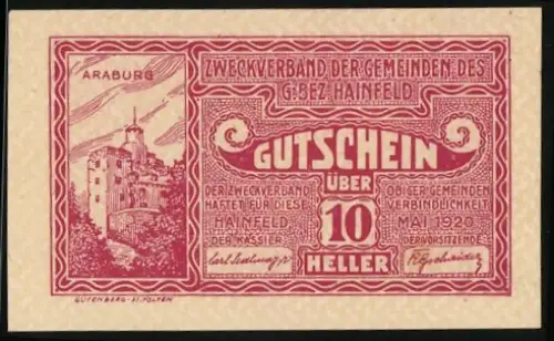 Notgeld Hainfeld 1920, 10 Heller, Araburg-Motiv, Verzierung und Schrift