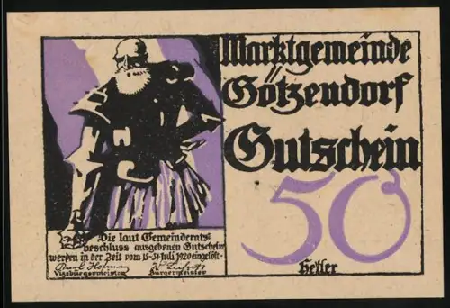 Notgeld Götzendorf, 50 Heller, Ritter mit Rüstung und Schwert