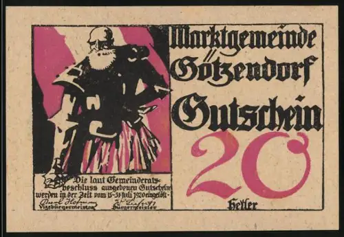 Notgeld Götzendorf, 20 Heller, Ritter mit Rüstung und Schwert