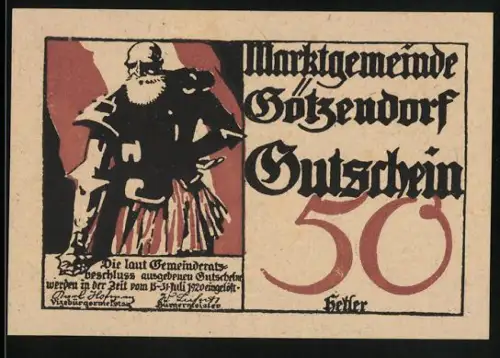 Notgeld Götzendorf, 50 Heller, Ritter mit Schwert und Schild