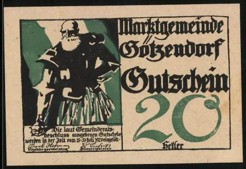 Notgeld Götzendorf, 20 Heller, Ritter mit Schriftzug Gutschein