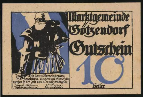 Notgeld Götzendorf, 10 Heller, gepanzerter Krieger mit Schwert und Rüstung