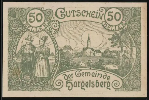 Notgeld Hargelsberg 1920, 50 Heller, Paar in Tracht und Dorflandschaft