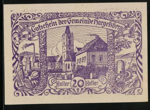 Notgeld Hargelsberg 1920, 20 Heller, Kirche und ländliche Szenerie mit Blumenornamenten