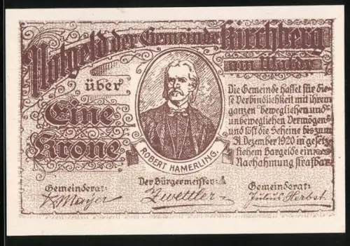 Notgeld Kirchberg 1920, 1 Krone, Porträt von Robert Hamerling und Gedichttext auf Rückseite