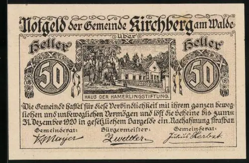 Notgeld Kirchberg 1920, 50 Heller, Haus der Hamerlingstiftung und Gedicht von Robert Hamerling