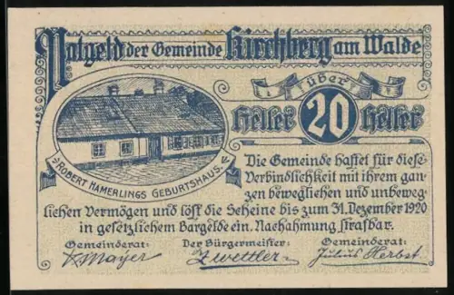 Notgeld Kirchberg am Walde 1920, 20 Heller, Geburtshaus Robert Hamerlings und Gedichtauszug