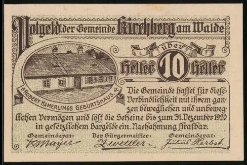 Notgeld Kirchberg am Walde 1920, 10 Heller, Abbildung von Robert Hamerlings Geburtshaus