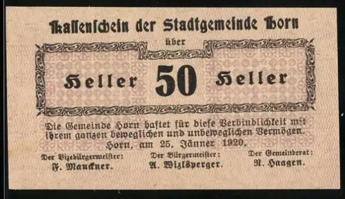 Notgeld Horn 1920, 50 Heller, Textmotiv zur Zahlungsgarantie der Gemeinde Horn