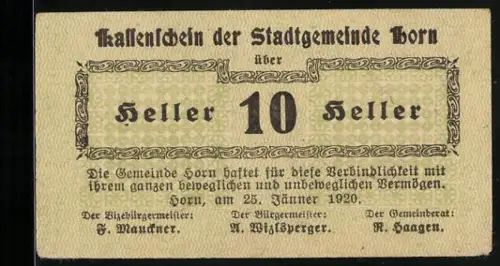 Notgeld Horn 1920, 10 Heller, Textmuster mit Ornamentrahmen
