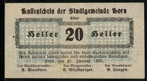 Notgeld Horn 1920, 20 Heller, Ziermuster und Text zur Gültigkeit und Einlösung