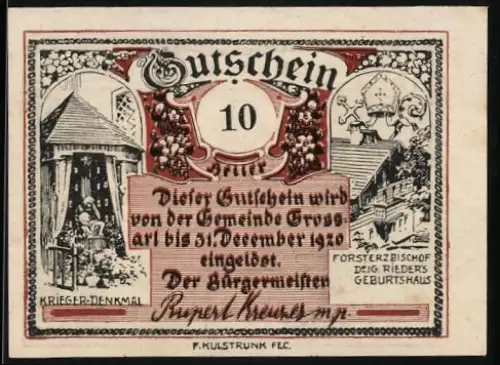 Notgeld Grossarl 1920, 10 Heller, Kriegerdenkmal und Berglandschaft mit Hirsch